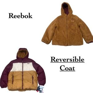 Reebok Women’s Reversible Maroon & Brown Puffer Coat with Hood, XL NWT
